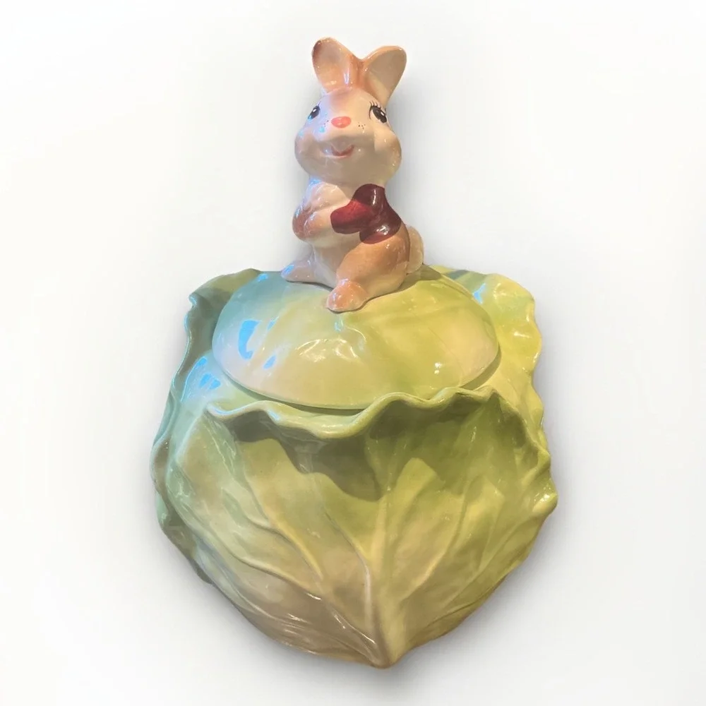 Vintage Metlox Poppytrail Bunny Rabbit On Cabbage Ceramic Cookie Jar